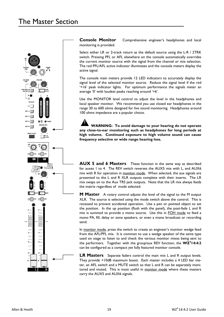 Console monitor, Aux 5 and 6 masters, M master | Lr masters, Allen & heath 19 wz, 4:2 user guide | Allen&Heath MixWizard WZ4 14-4-2 User Manual | Page 19 / 28