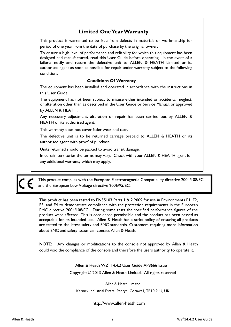 Limited one year warranty | Allen&Heath MixWizard WZ4 14-4-2 User Manual | Page 2 / 28