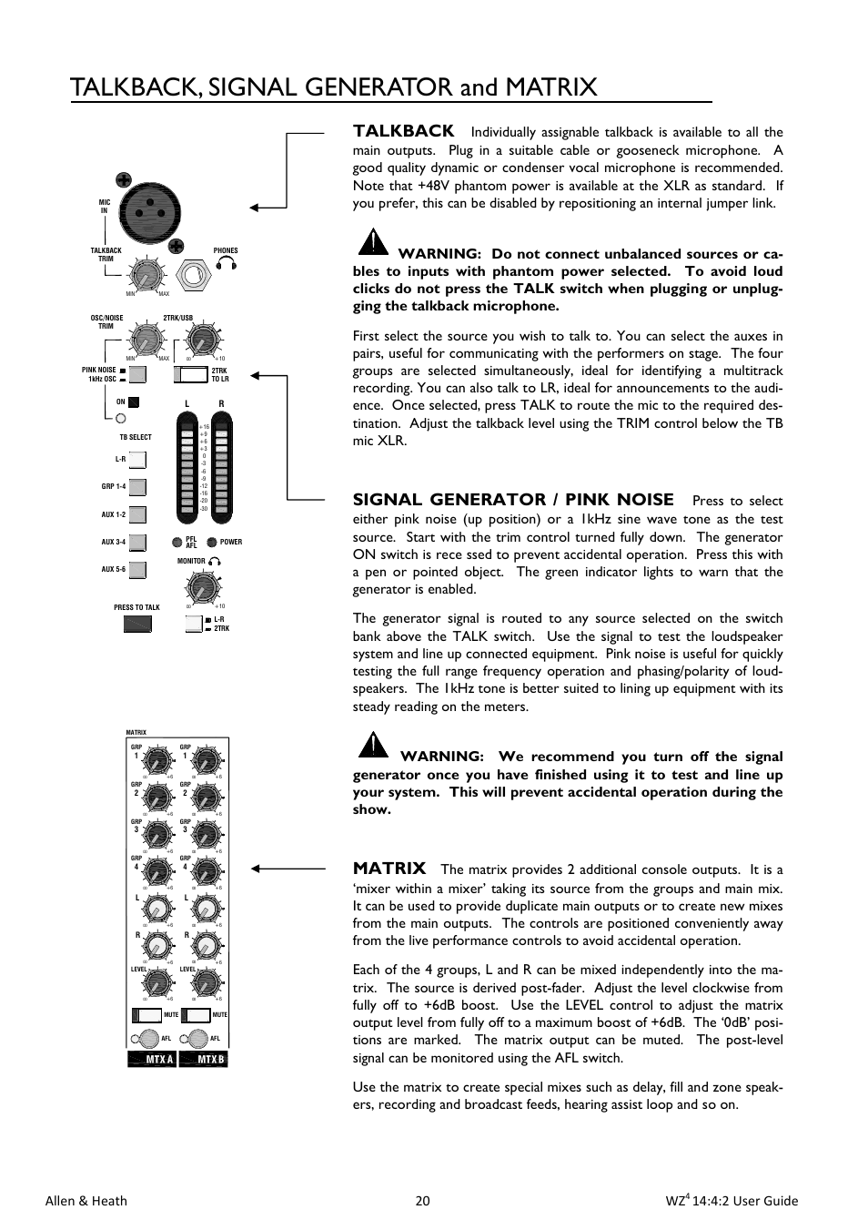Talkback, signal generator and matrix, Talkback, Signal generator / pink noise | Matrix, Allen & heath 20 wz, 4:2 user guide | Allen&Heath MixWizard WZ4 14-4-2 User Manual | Page 20 / 28