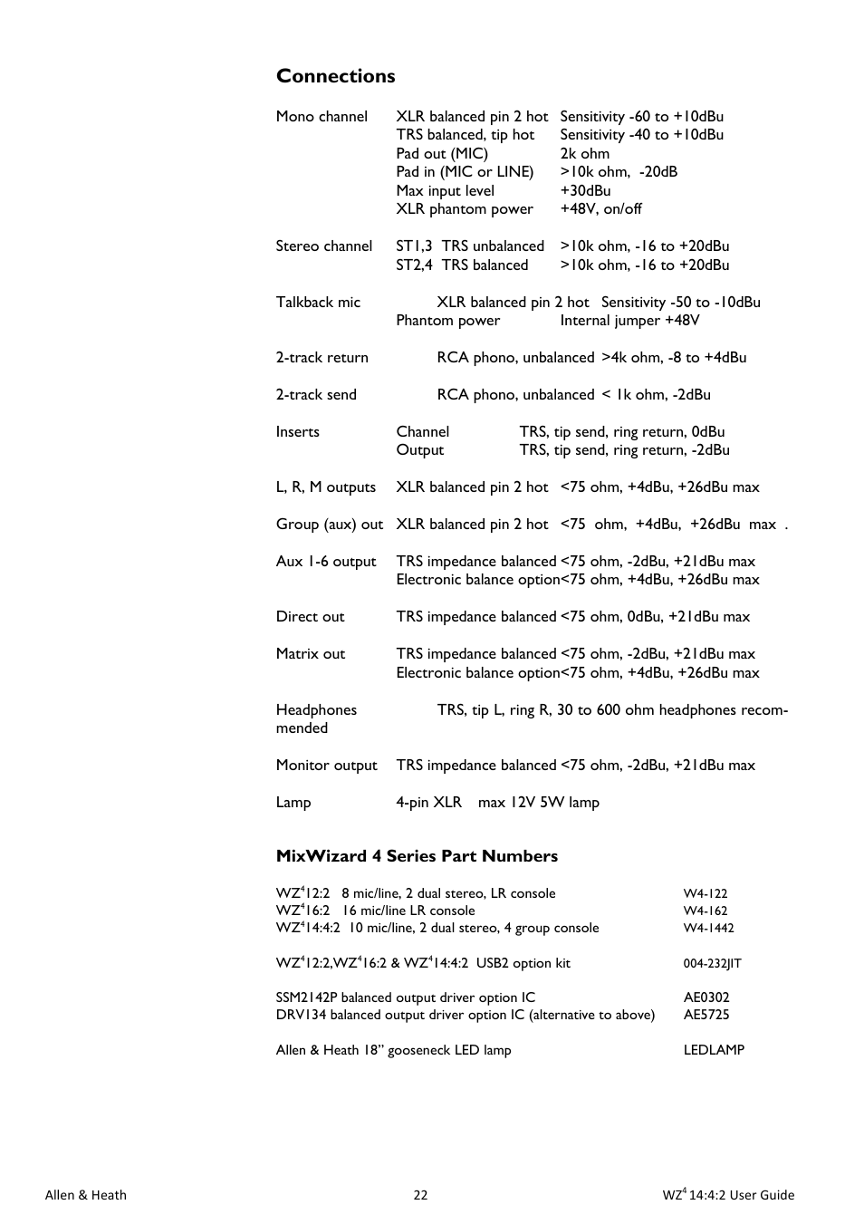 Connections | Allen&Heath MixWizard WZ4 14-4-2 User Manual | Page 22 / 28