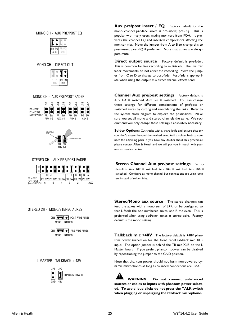 Aux pre/post insert / eq, Direct output source, Channel aux pre/post settings | Stereo channel aux pre/post settings, Stereo/mono aux source, Talkback mic +48v, Allen & heath 25 wz, 4:2 user guide, Mono ch - aux pre/post eq mono ch - direct out, Mono ch - aux pre/post fader | Allen&Heath MixWizard WZ4 14-4-2 User Manual | Page 25 / 28
