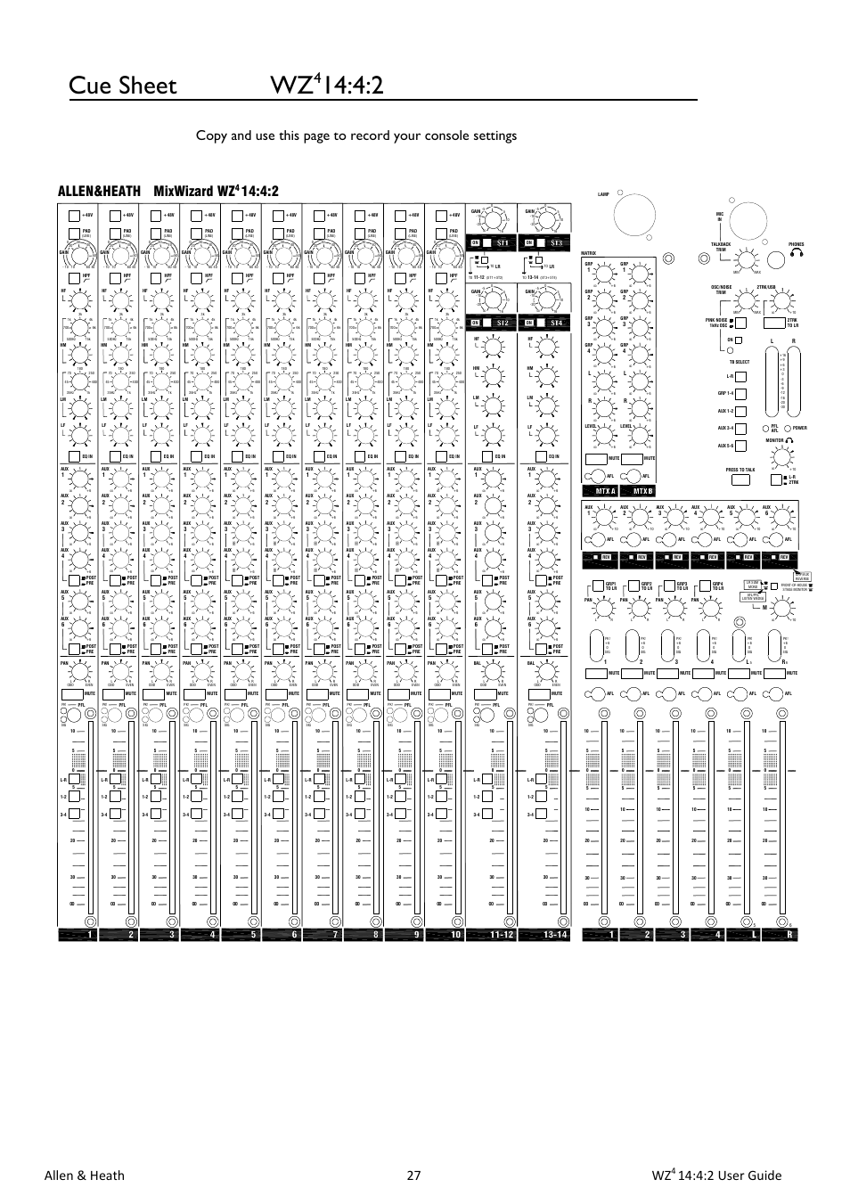 Cue sheet wz, Allen & heath 27 wz, 4:2 user guide | Mixwizard wz, Allen&heath | Allen&Heath MixWizard WZ4 14-4-2 User Manual | Page 27 / 28