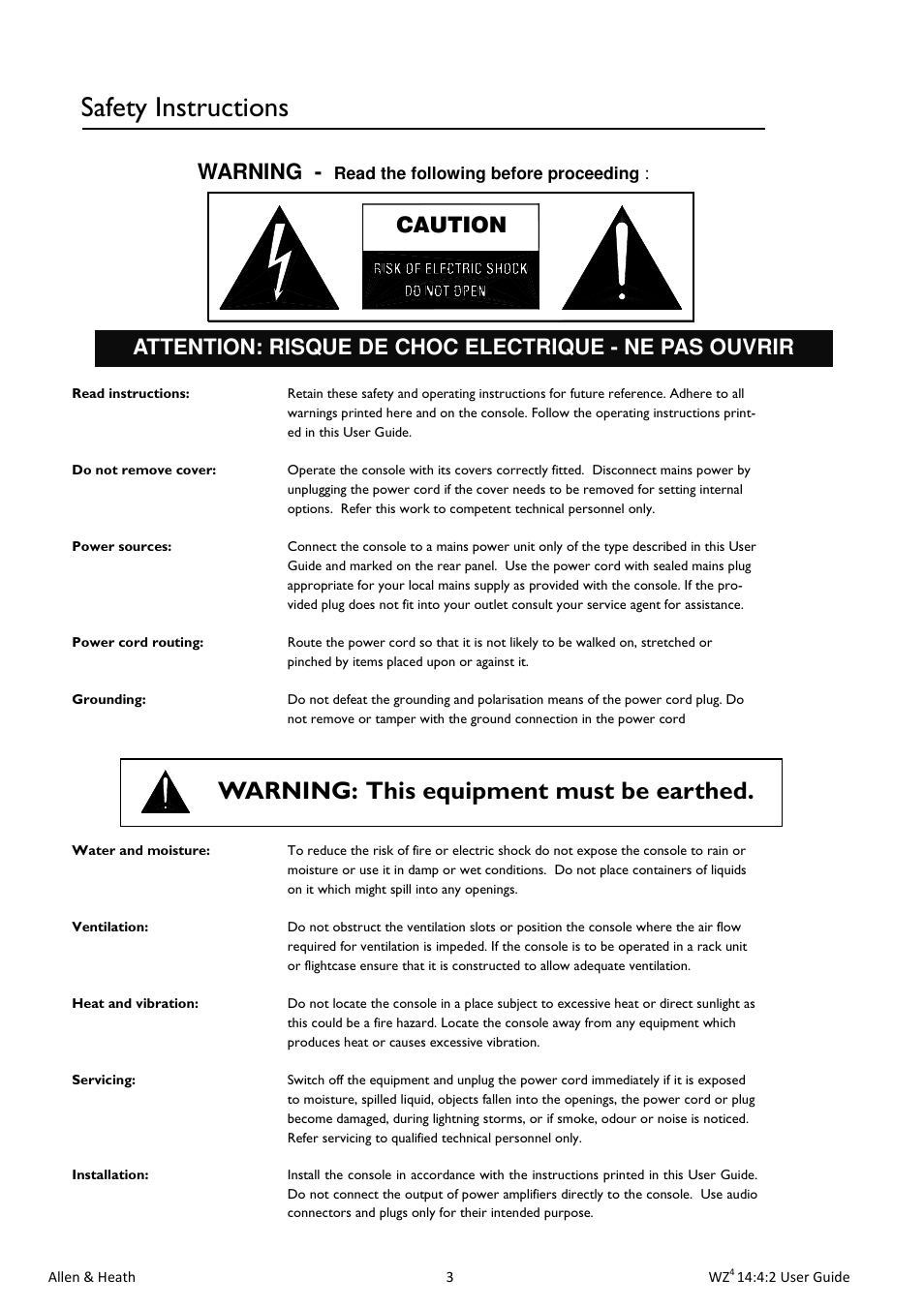 Safety instructions, Warning: this equipment must be earthed, Caution warning | Allen&Heath MixWizard WZ4 14-4-2 User Manual | Page 3 / 28
