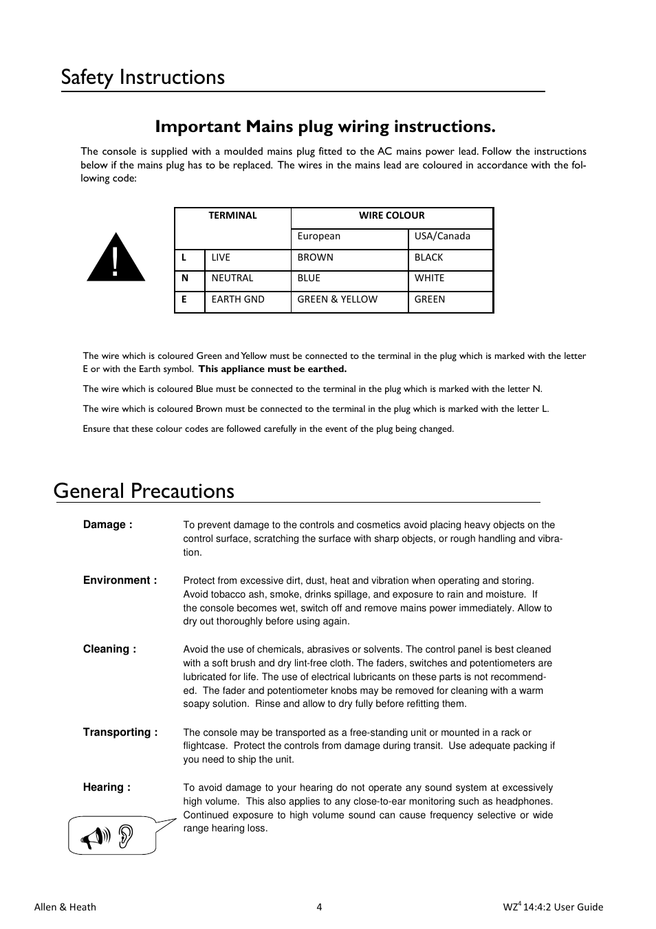 General precautions, Safety instructions, Important mains plug wiring instructions | Allen&Heath MixWizard WZ4 14-4-2 User Manual | Page 4 / 28