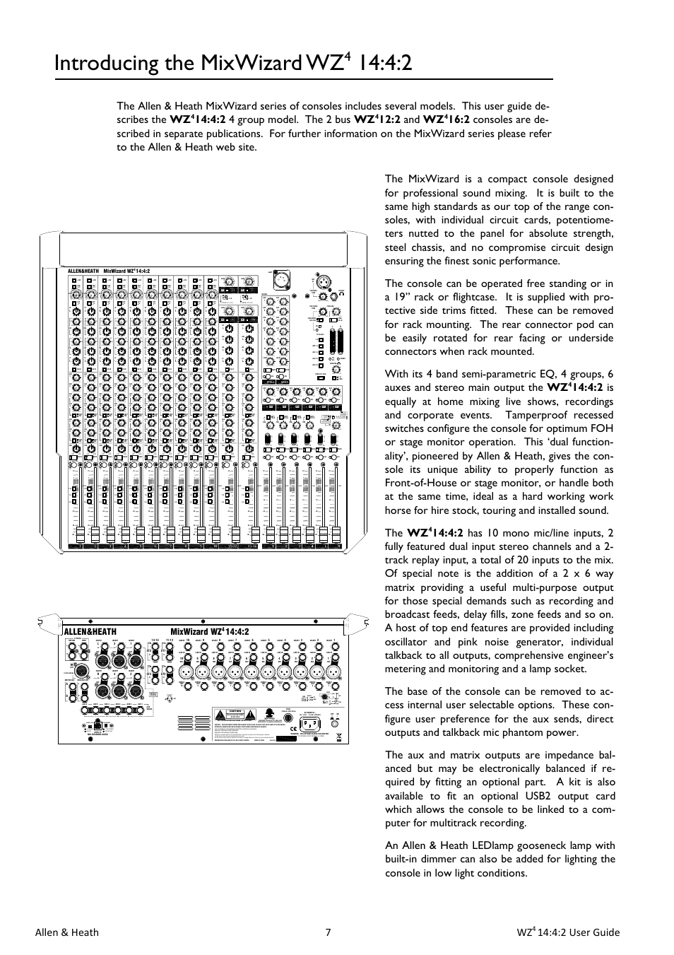 Introducing the mixwizard wz, Allen & heath 7 wz, 4:2 user guide | 4:2 4 group model. the 2 bus wz, 2 and wz, Max min max, St1+st2), Reve rse g rp/aux, Stage monitor front-of-house +10 0 +6 sig, Listen wedge mono afl/pfl 5 | Allen&Heath MixWizard WZ4 14-4-2 User Manual | Page 7 / 28