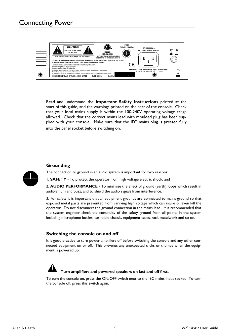 Connecting power, Grounding, Switching the console on and off | Allen & heath 9 wz, 4:2 user guide | Allen&Heath MixWizard WZ4 14-4-2 User Manual | Page 9 / 28