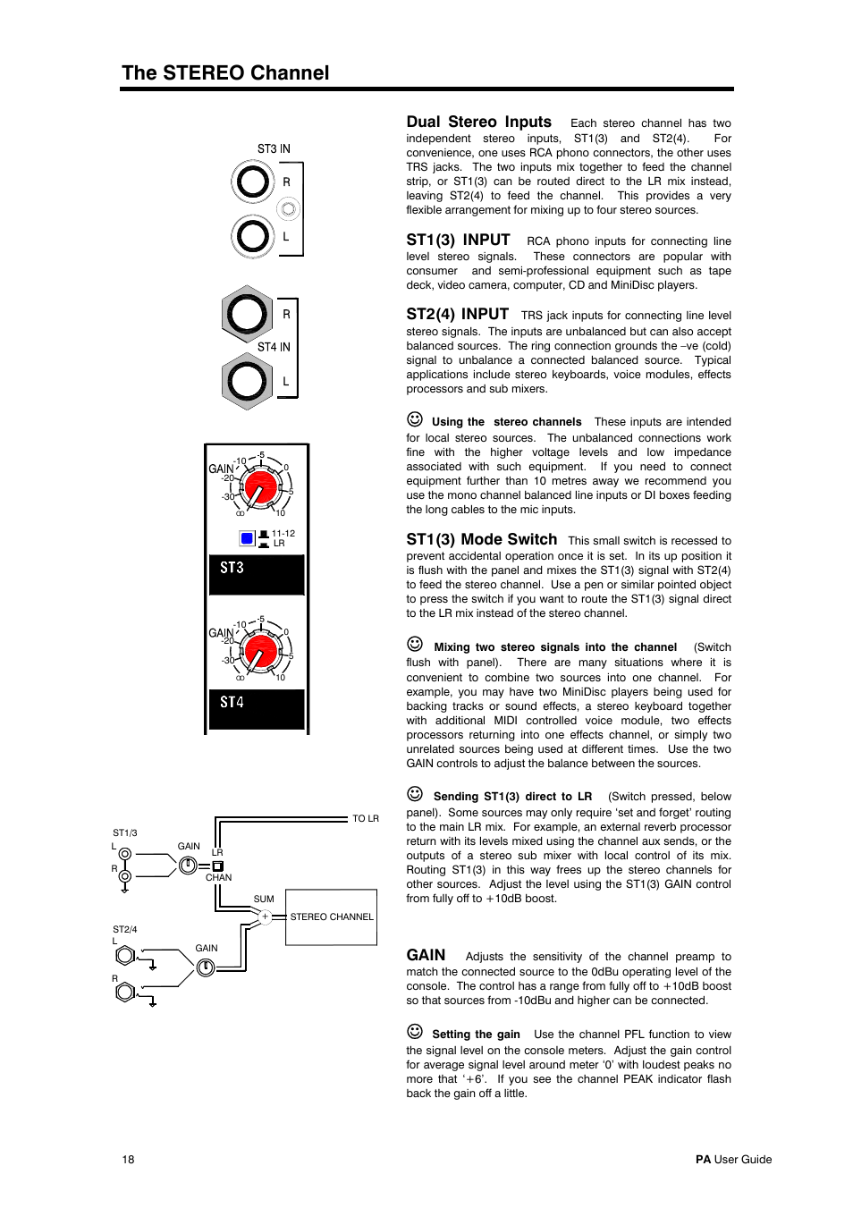 The stereo channel, Dual stereo inputs, St1(3) input | St2(4) input, St1(3) mode switch, Gain | Allen&Heath PA28 User Manual | Page 18 / 36