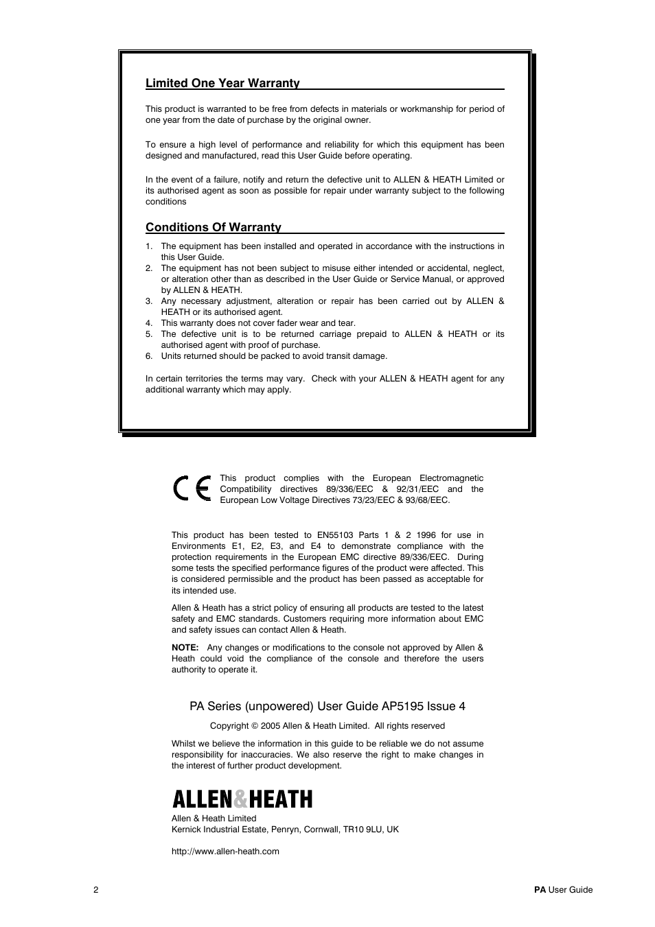 Limited one year warranty, Conditions of warranty | Allen&Heath PA28 User Manual | Page 2 / 36