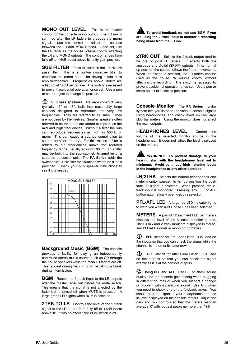 Mono out level, Sub filter, Background music (bgm) | 2trk to lr, 2trk out, Console monitor, Headphones level, Lr/2trk, Pfl/afl led, Meters | Allen&Heath PA28 User Manual | Page 25 / 36