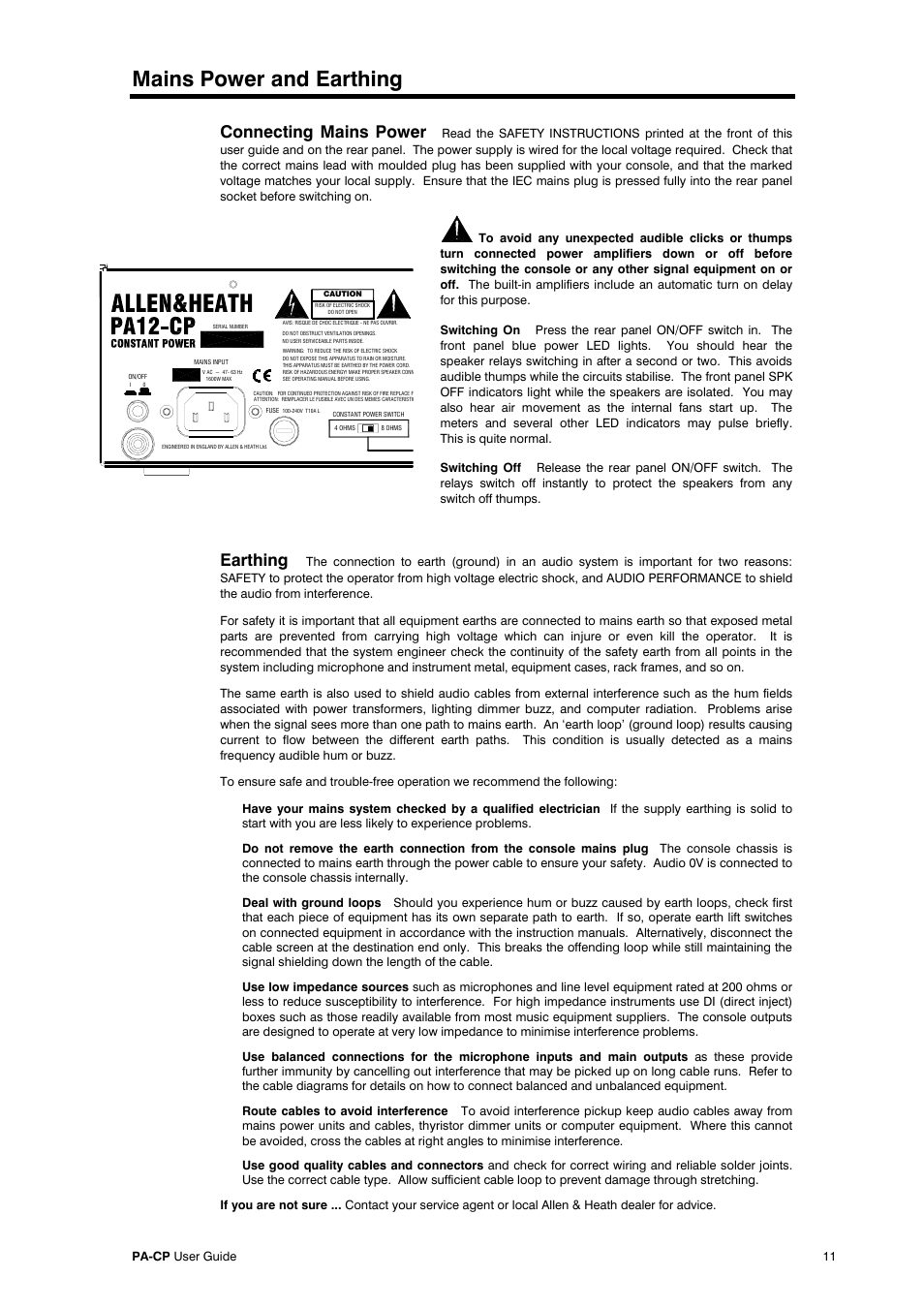 Mains power and earthing, Connecting mains power, Earthing | Allen&Heath PA20-CP User Manual | Page 11 / 36