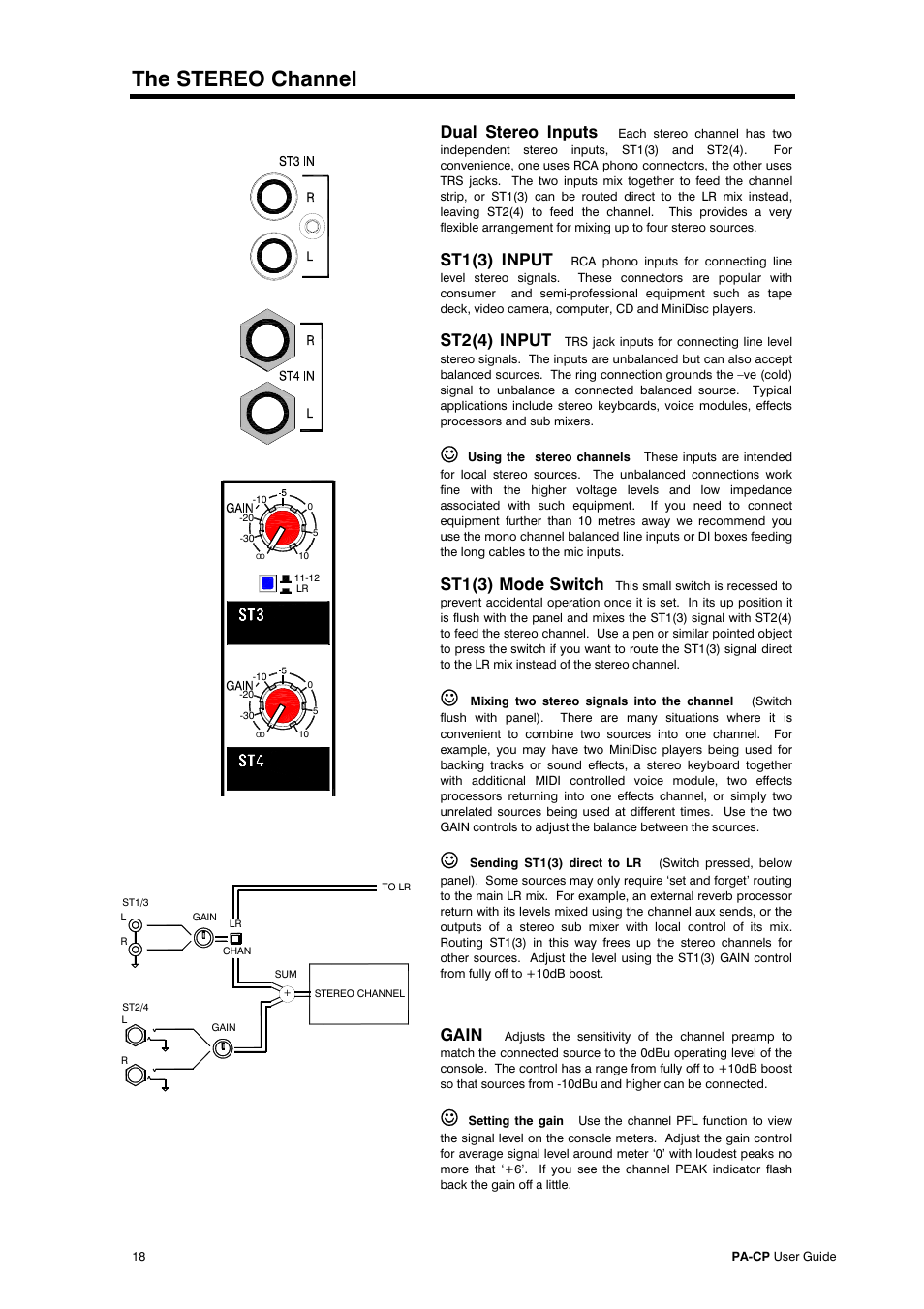 The stereo channel, Dual stereo inputs, St1(3) input | St2(4) input, St1(3) mode switch, Gain | Allen&Heath PA20-CP User Manual | Page 18 / 36