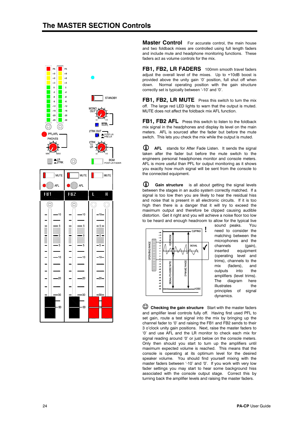Master control, Fb1, fb2, lr faders, Fb1, fb2, lr mute | Fb1, fb2 afl | Allen&Heath PA20-CP User Manual | Page 24 / 36
