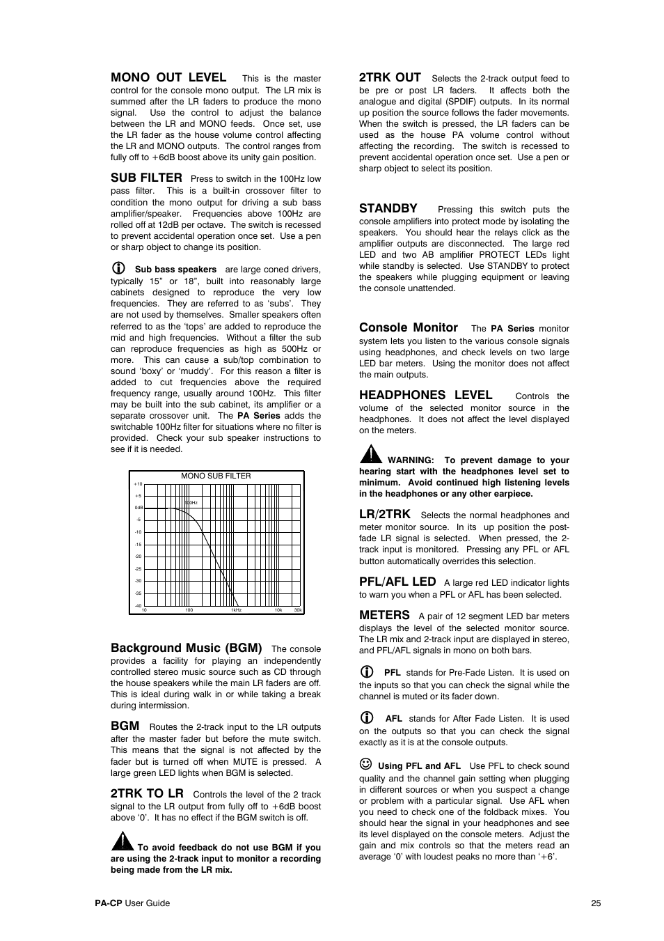 Mono out level, Sub filter, Background music (bgm) | 2trk to lr, 2trk out, Standby, Console monitor, Headphones level, Lr/2trk, Pfl/afl led | Allen&Heath PA20-CP User Manual | Page 25 / 36