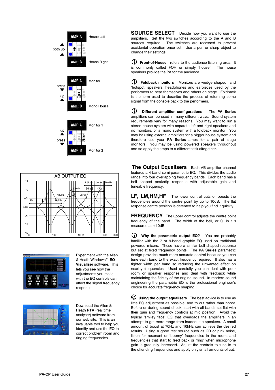 Source select, The output equalisers, Lf, lm,hm,hf | Frequency, Ab output eq, Lf lm hm hf | Allen&Heath PA20-CP User Manual | Page 27 / 36