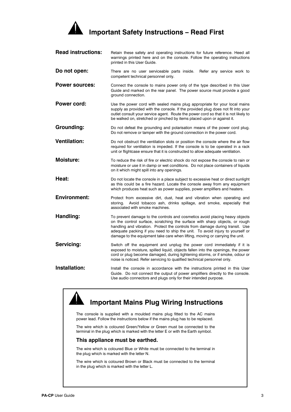 Important safety instructions – read first, Important mains plug wiring instructions | Allen&Heath PA20-CP User Manual | Page 3 / 36