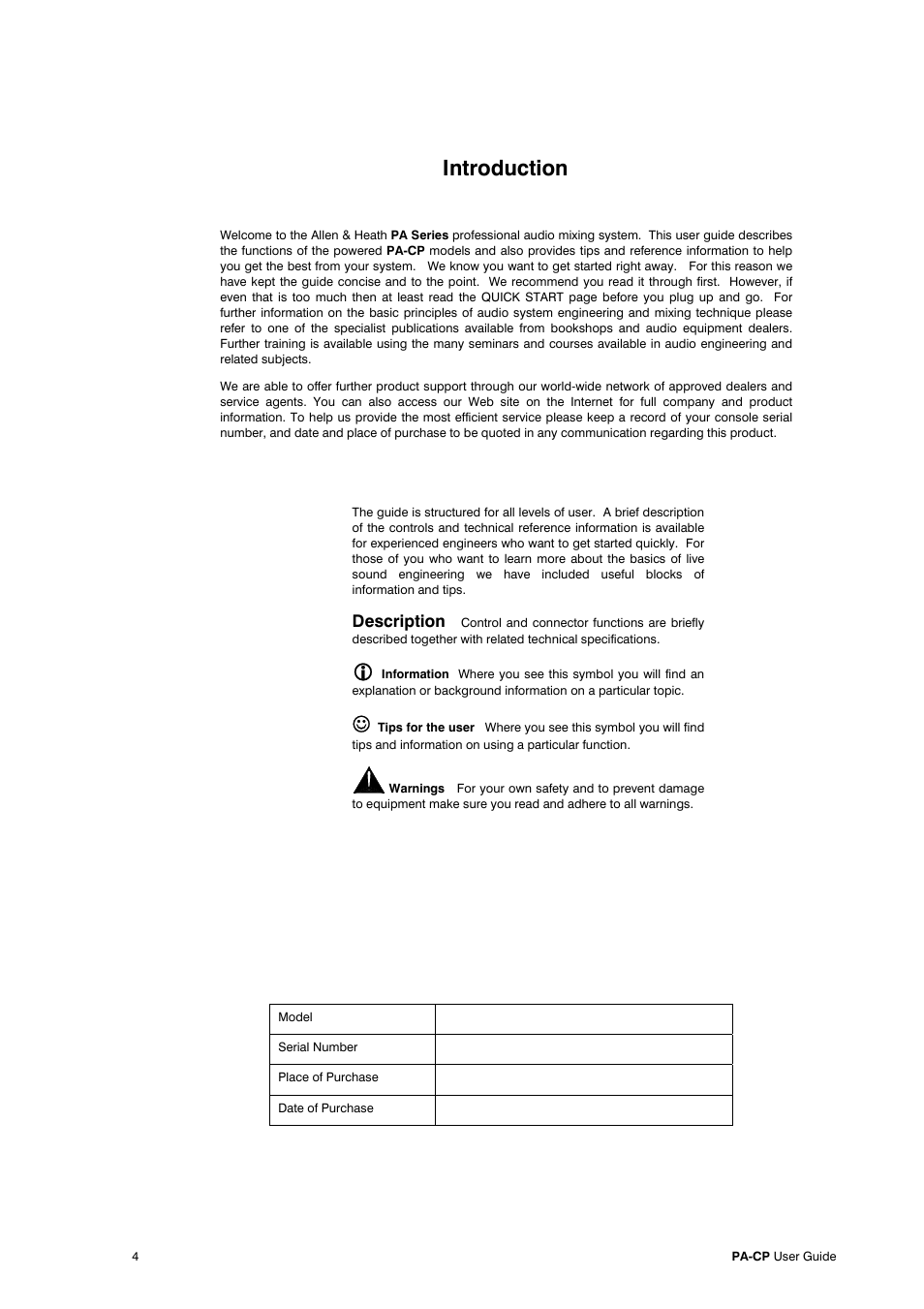 Introduction, Description | Allen&Heath PA20-CP User Manual | Page 4 / 36