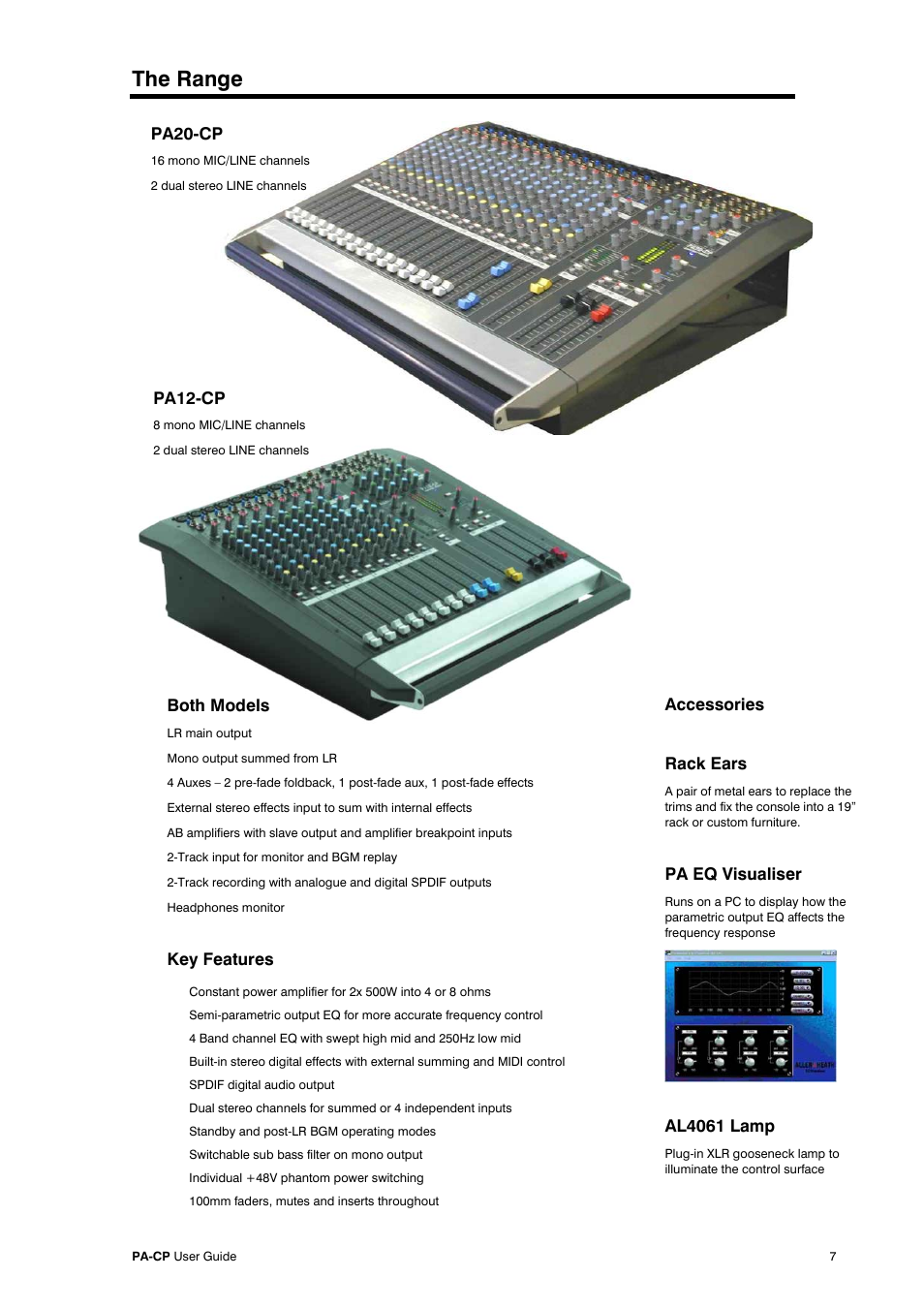The range, Pa20-cp, Pa12-cp | Accessories rack ears, Pa eq visualiser, Al4061 lamp, Both models, Key features | Allen&Heath PA20-CP User Manual | Page 7 / 36