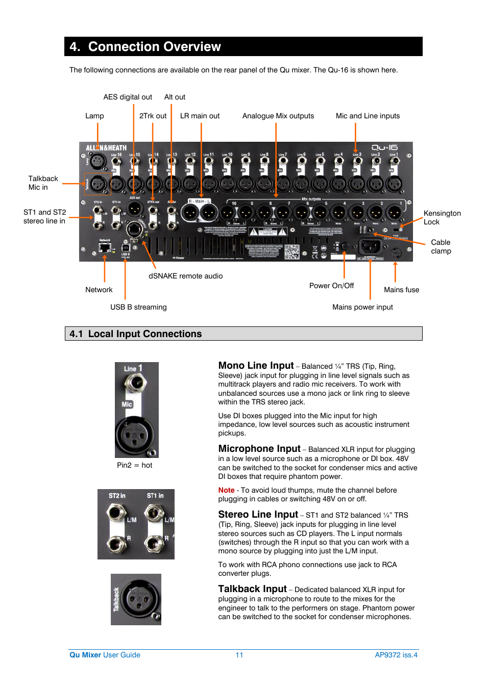 Connections, Connection overview, 1 local input connections | Mono line input, Microphone input, Stereo line input, Talkback input | Allen&Heath Qu-16 User Manual | Page 11 / 68