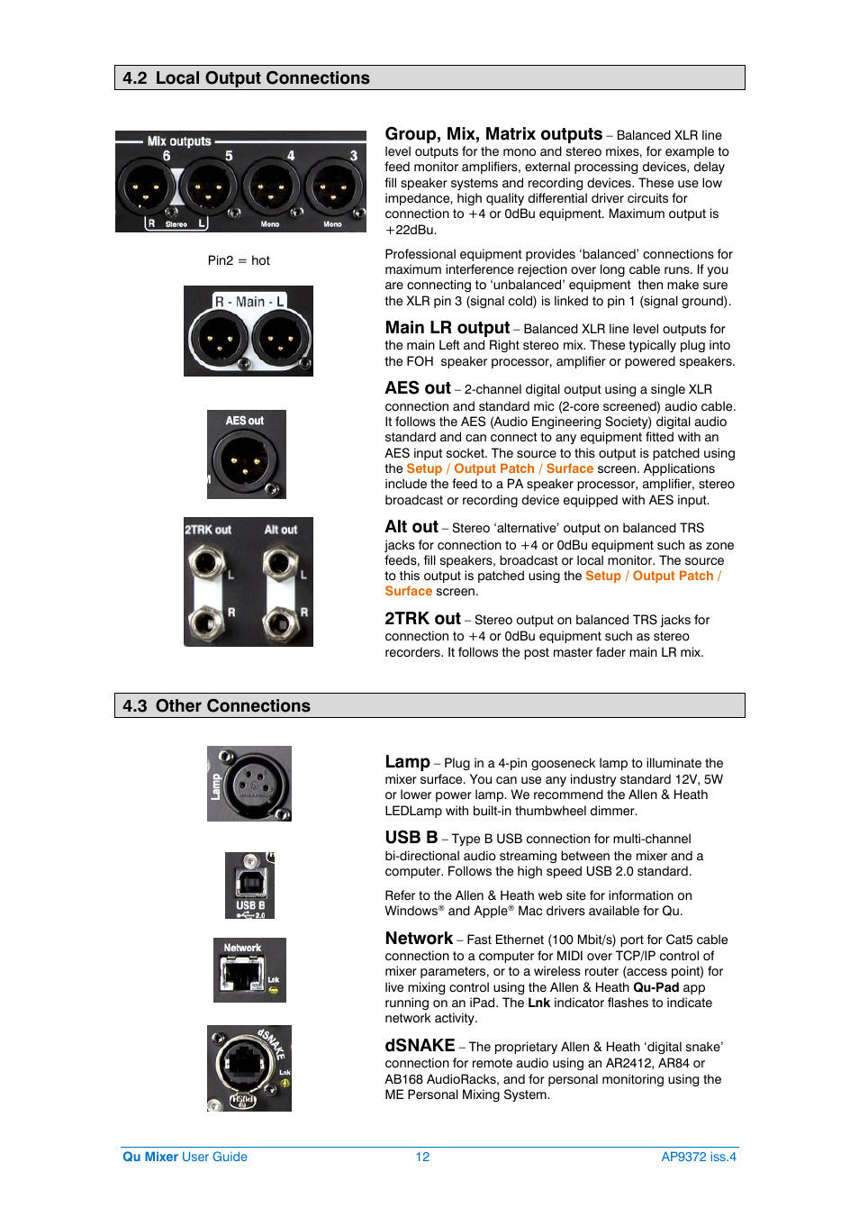 2 local output connections, Group, mix, matrix outputs, Main lr output | Aes out, Alt out, 2trk out, 3 other connections, Lamp, Usb b, Network | Allen&Heath Qu-16 User Manual | Page 12 / 68