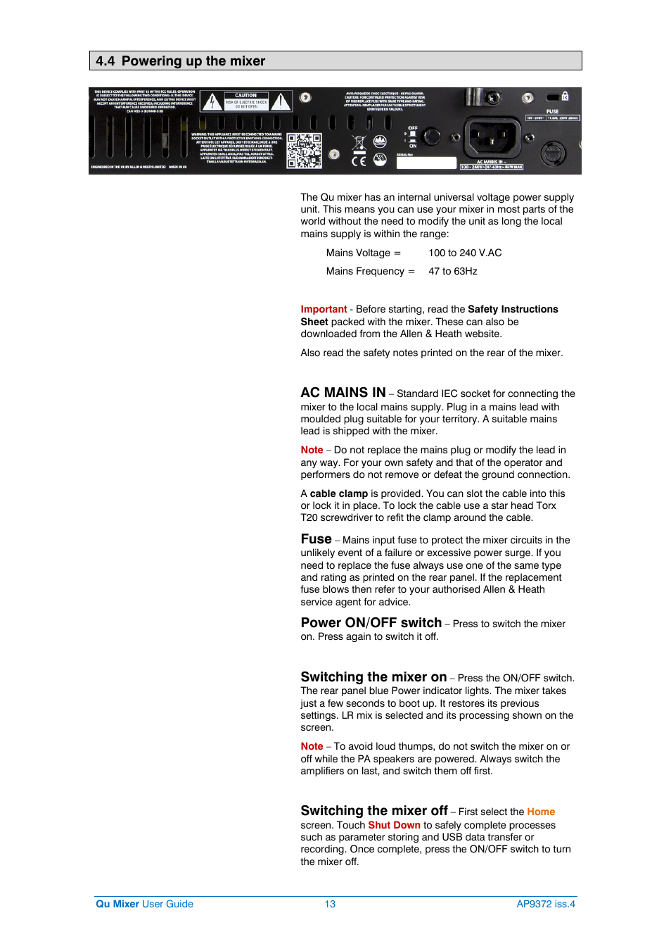 Power up the mixer, 4 powering up the mixer, Ac mains in | Fuse, Power on/off switch, Switching the mixer on, Switching the mixer off | Allen&Heath Qu-16 User Manual | Page 13 / 68
