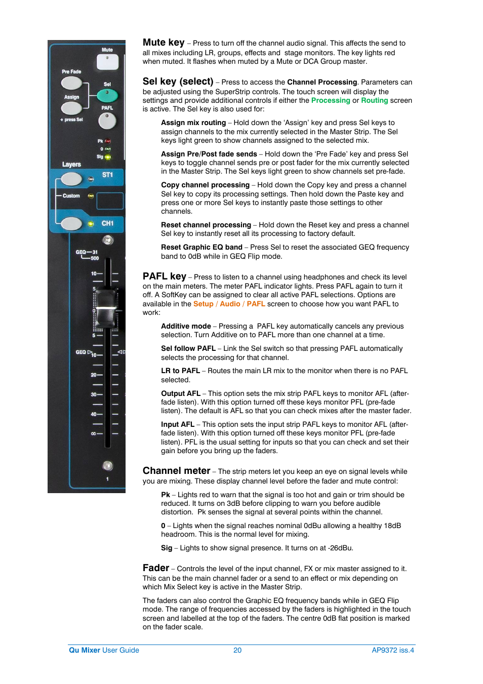 Mute key, Sel key (select), Pafl key | Channel meter, Fader | Allen&Heath Qu-16 User Manual | Page 20 / 68