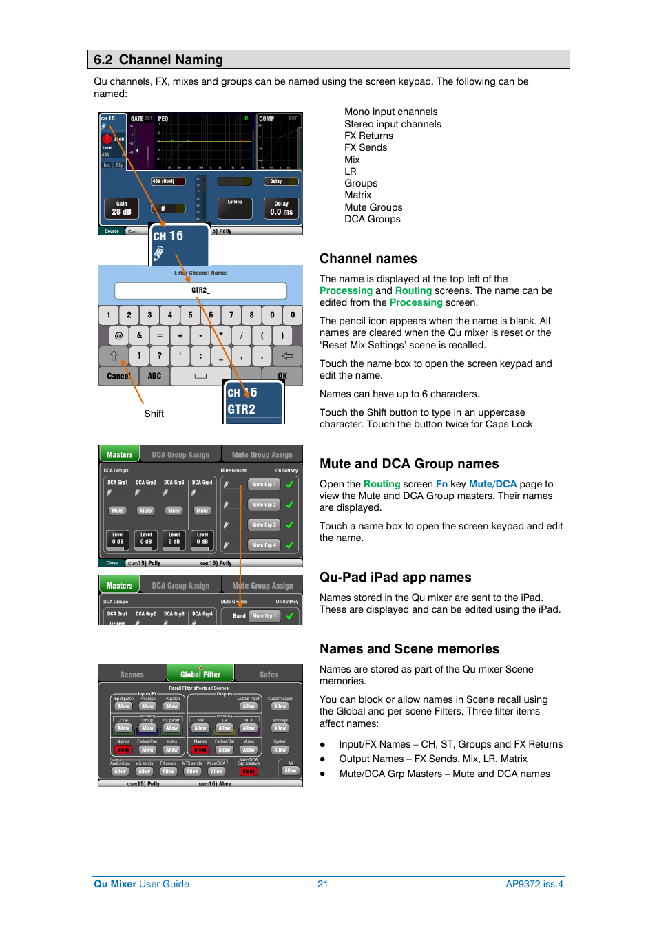 Channel naming, 2 channel naming, Channel names | Mute and dca group names, Qu-pad ipad app names | Allen&Heath Qu-16 User Manual | Page 21 / 68