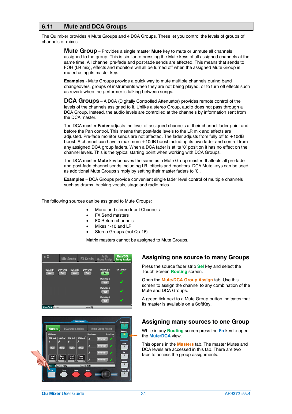 Mute and dca groups, 11 mute and dca groups, Mute group | Dca groups, Assigning one source to many groups, Assigning many sources to one group | Allen&Heath Qu-16 User Manual | Page 31 / 68