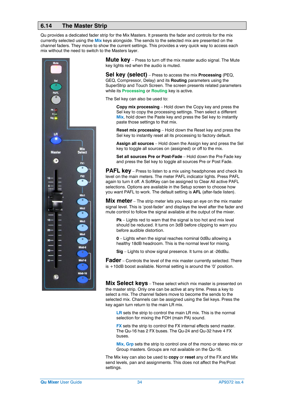 The master strip, 14 the master strip, Mute key | Sel key (select), Pafl key, Mix meter, Fader, Mix select keys | Allen&Heath Qu-16 User Manual | Page 34 / 68