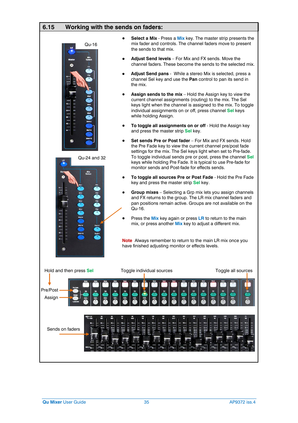 Sends on faders, 15 working with the sends on faders | Allen&Heath Qu-16 User Manual | Page 35 / 68