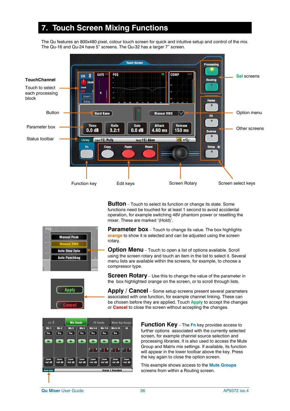 Touch screen functions, Touch screen mixing functions, Button | Parameter box, Option menu, Screen rotary, Apply / cancel, Function key | Allen&Heath Qu-16 User Manual | Page 36 / 68