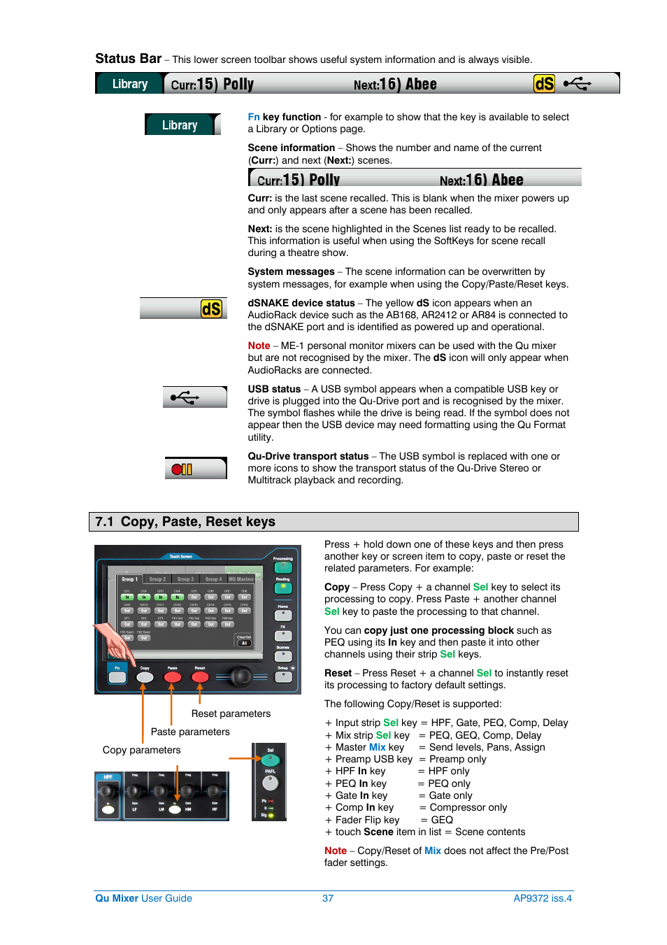 Copy/paste/reset, Status bar, 1 copy, paste, reset keys | Allen&Heath Qu-16 User Manual | Page 37 / 68