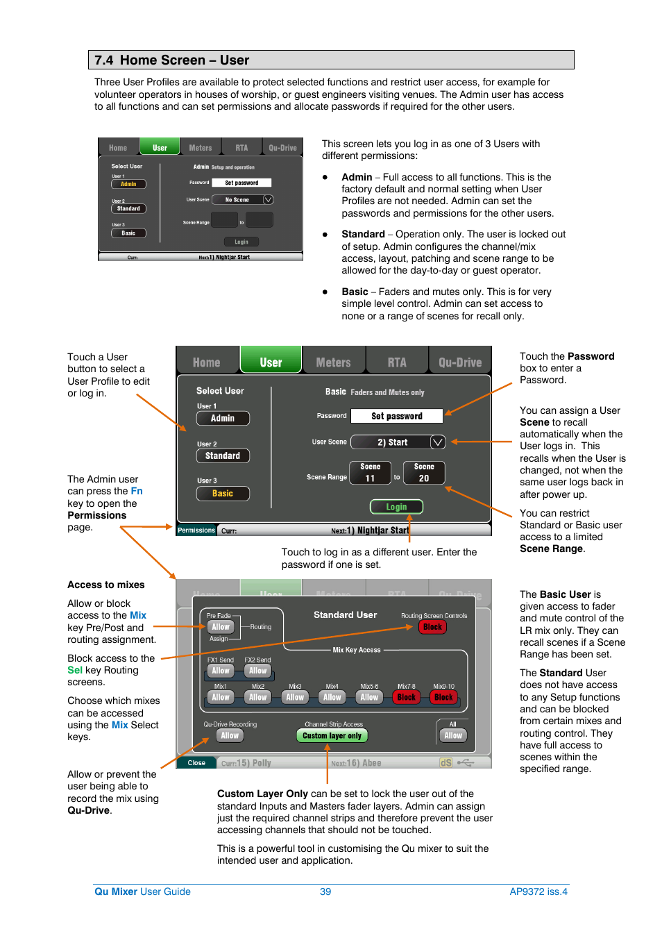 User profiles, 4 home screen – user | Allen&Heath Qu-16 User Manual | Page 39 / 68