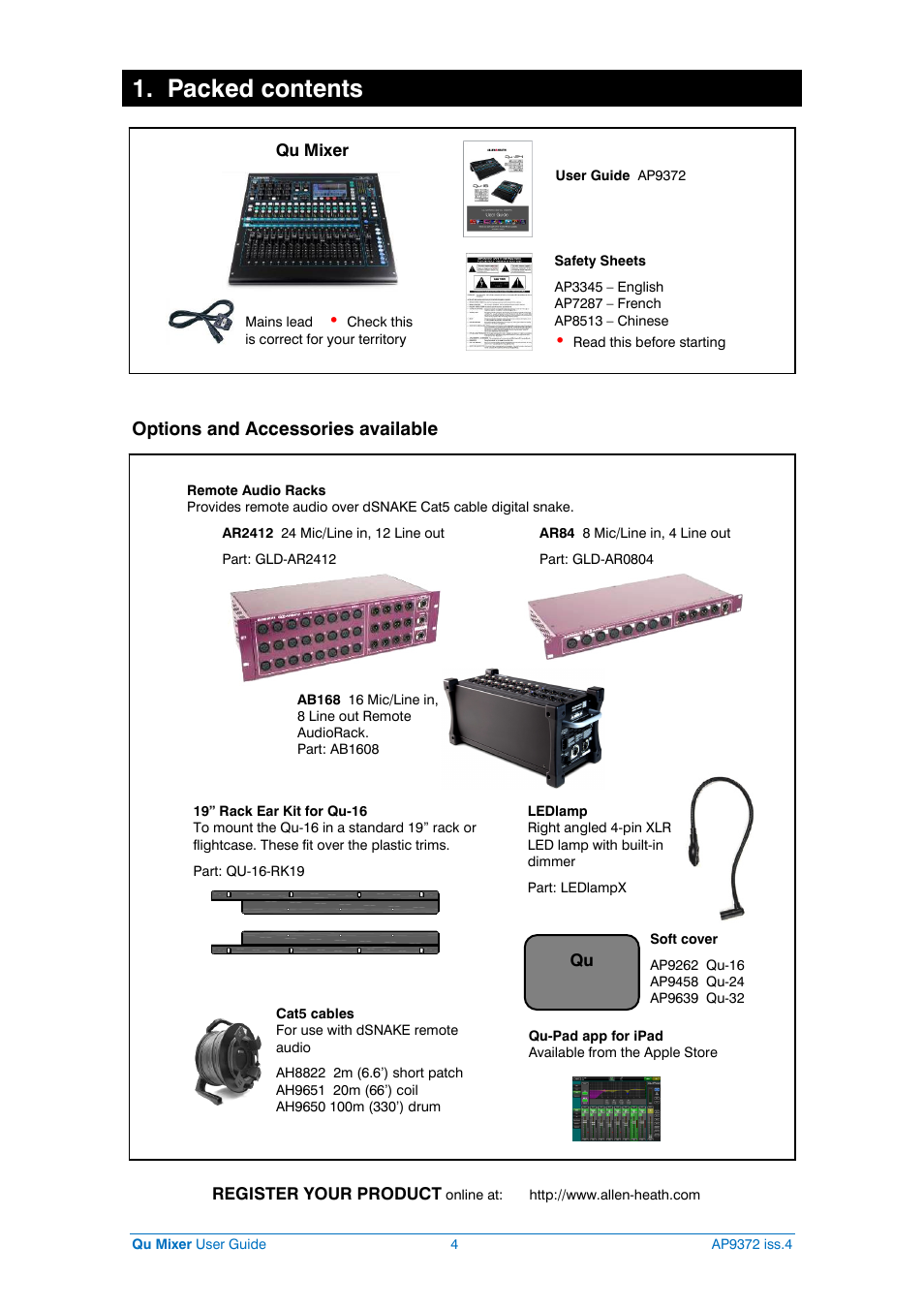 Packed contents, Options and accessories available | Allen&Heath Qu-16 User Manual | Page 4 / 68