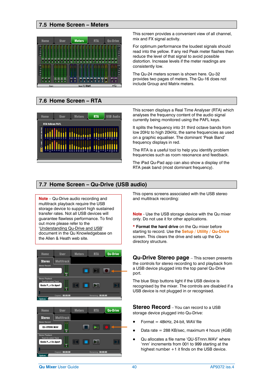 Qu-drive usb audio, 5 home screen – meters, 6 home screen – rta | 7 home screen – qu-drive (usb audio), Qu-drive stereo page, Stereo record | Allen&Heath Qu-16 User Manual | Page 40 / 68