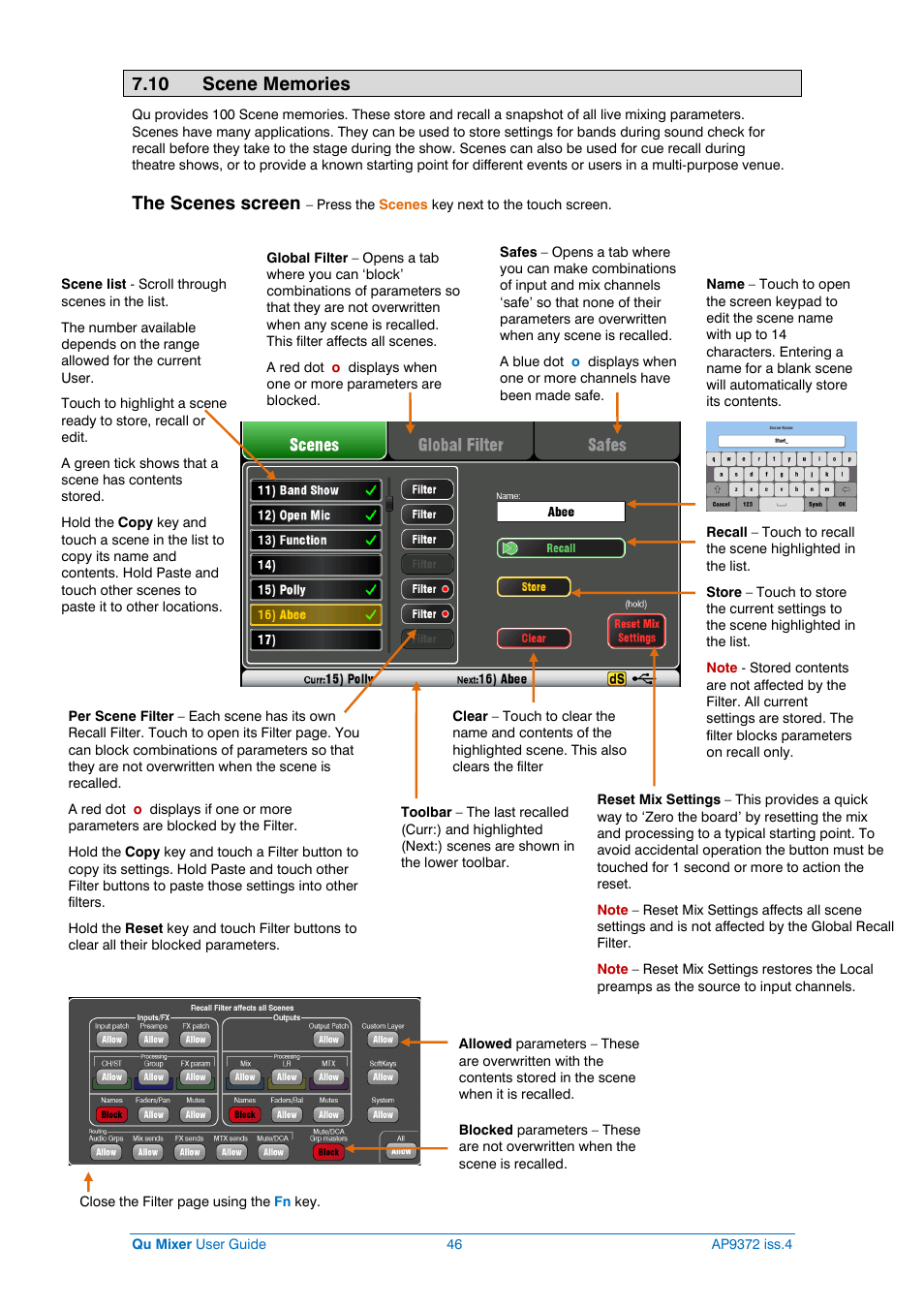 Scene memories, The scenes screen | Allen&Heath Qu-16 User Manual | Page 46 / 68
