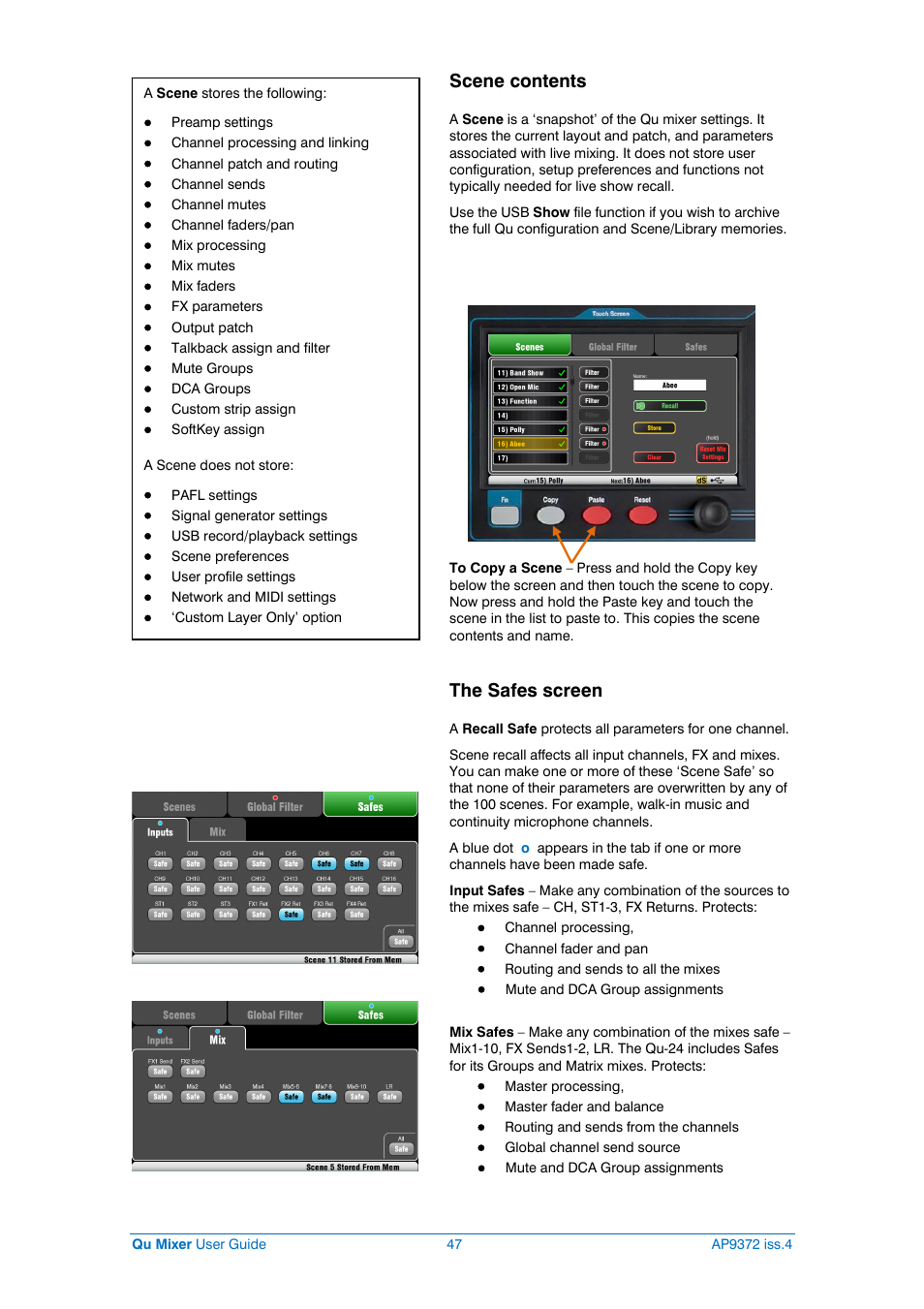 Scene safes, Scene contents, The safes screen | Allen&Heath Qu-16 User Manual | Page 47 / 68