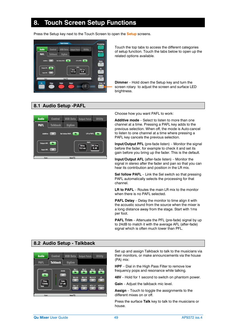 Audio setup, Touch screen setup functions, 1 audio setup -pafl | 2 audio setup - talkback | Allen&Heath Qu-16 User Manual | Page 49 / 68