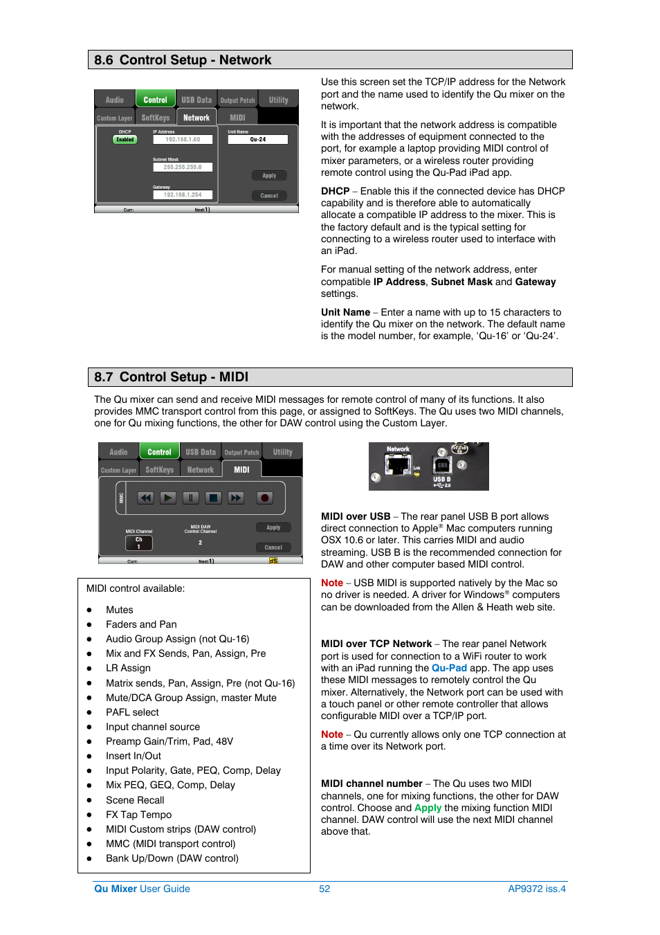 Network setup, Midi setup, 6 control setup - network | 7 control setup - midi | Allen&Heath Qu-16 User Manual | Page 52 / 68