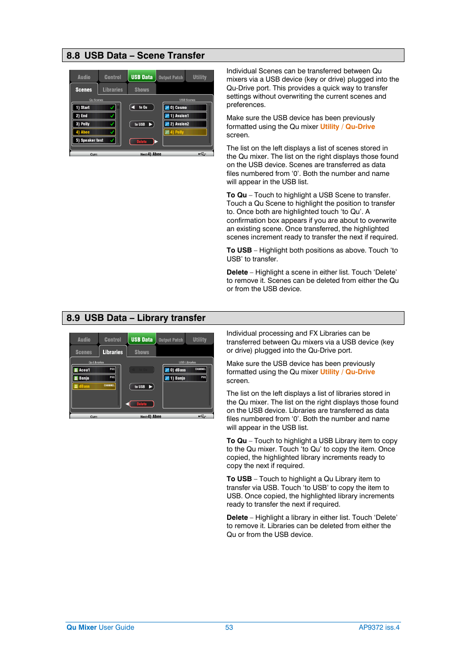 Usb data transfer, 8 usb data – scene transfer, 9 usb data – library transfer | Allen&Heath Qu-16 User Manual | Page 53 / 68