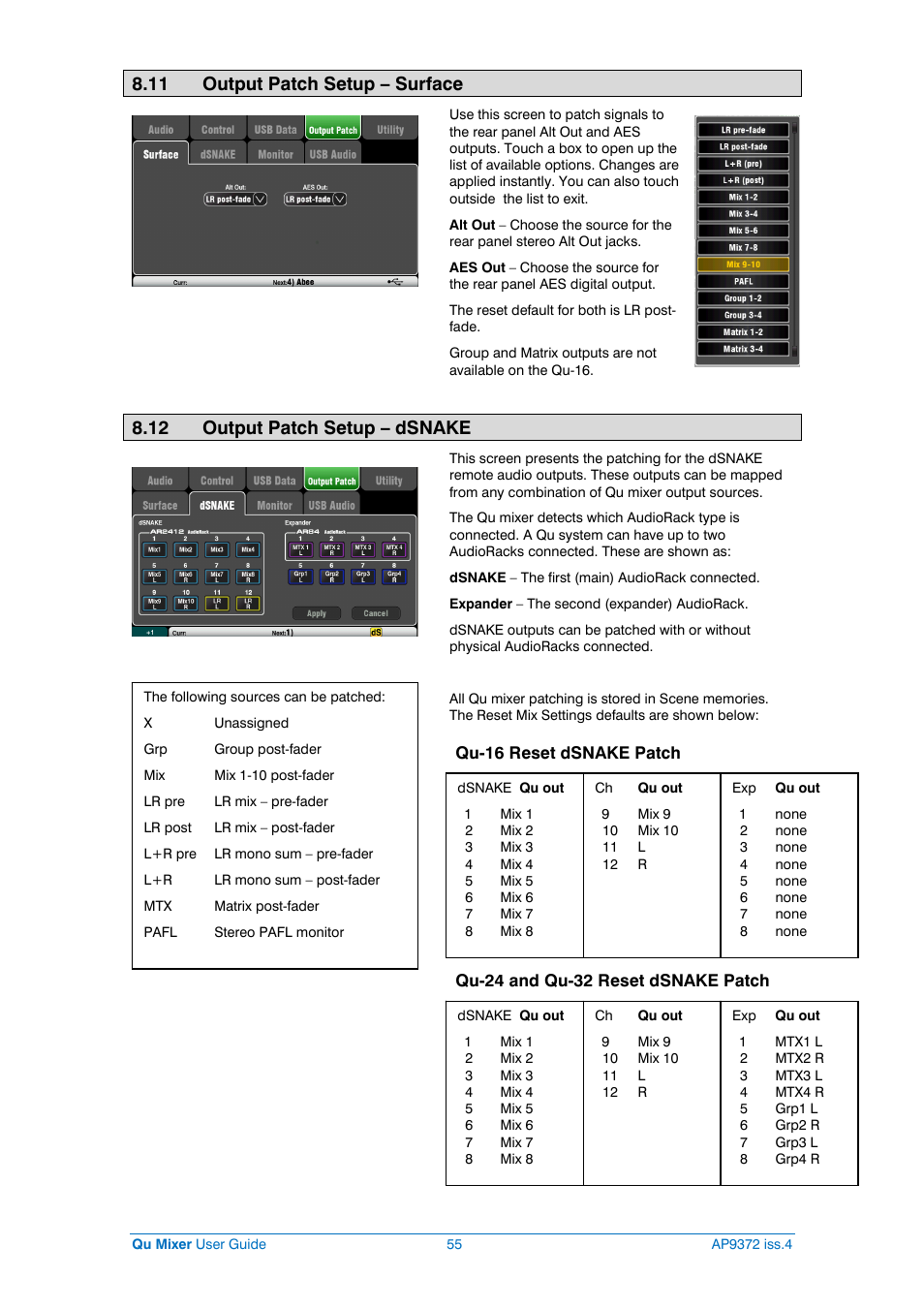 Output patching, Dsnake patch, 11 output patch setup – surface | 12 output patch setup – dsnake | Allen&Heath Qu-16 User Manual | Page 55 / 68