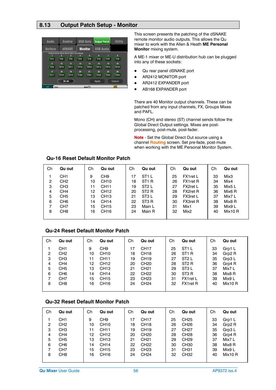 Me monitor patch, 13 output patch setup - monitor | Allen&Heath Qu-16 User Manual | Page 56 / 68