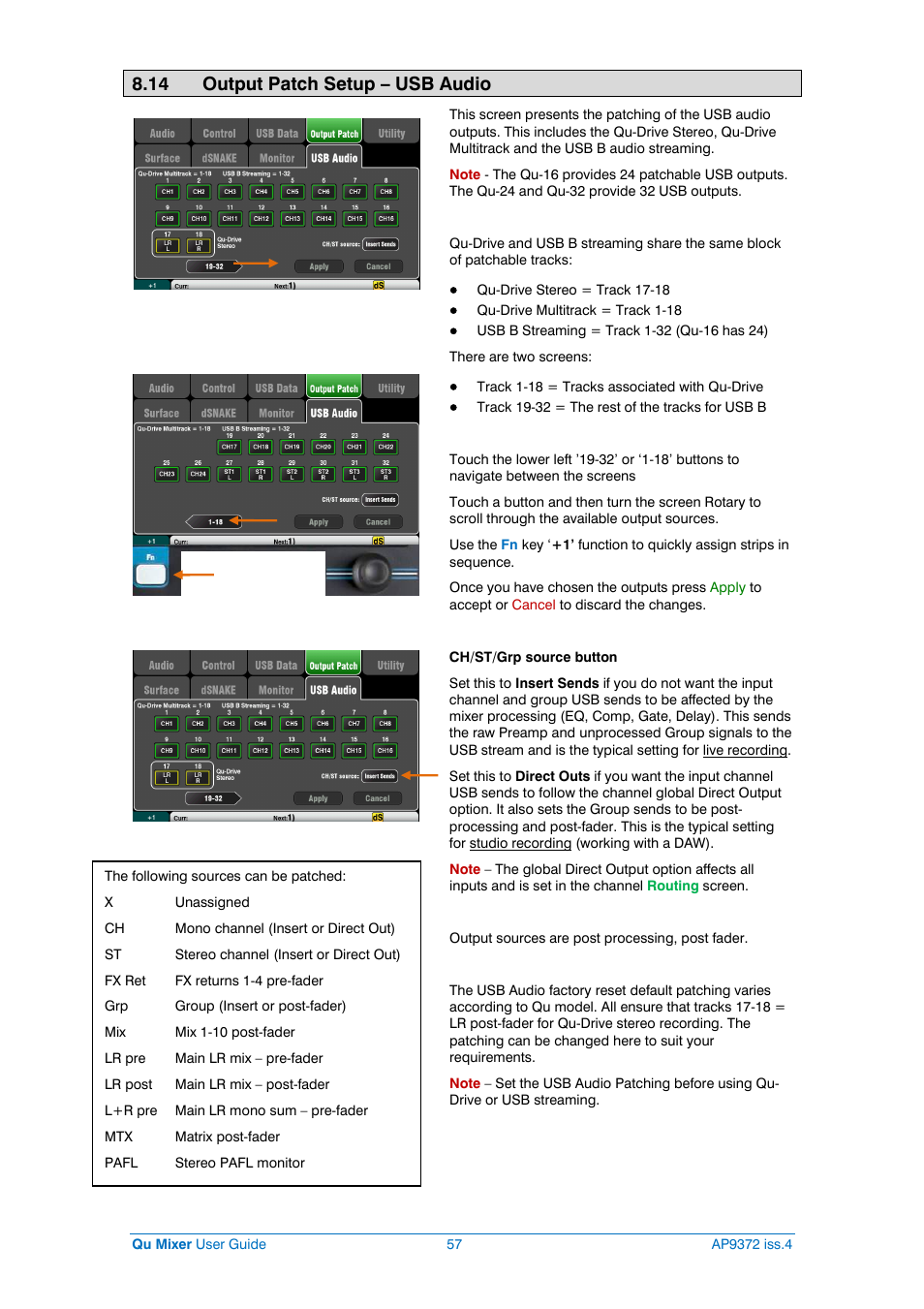 Usb audio patch, 14 output patch setup – usb audio | Allen&Heath Qu-16 User Manual | Page 57 / 68