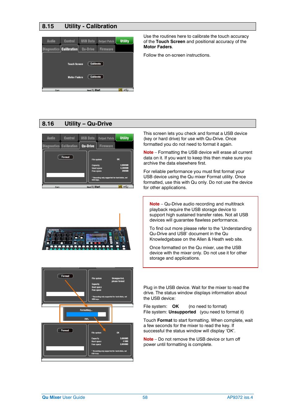 Calibrate screen/faders, Format usb drive, 15 utility - calibration | 16 utility – qu-drive | Allen&Heath Qu-16 User Manual | Page 58 / 68