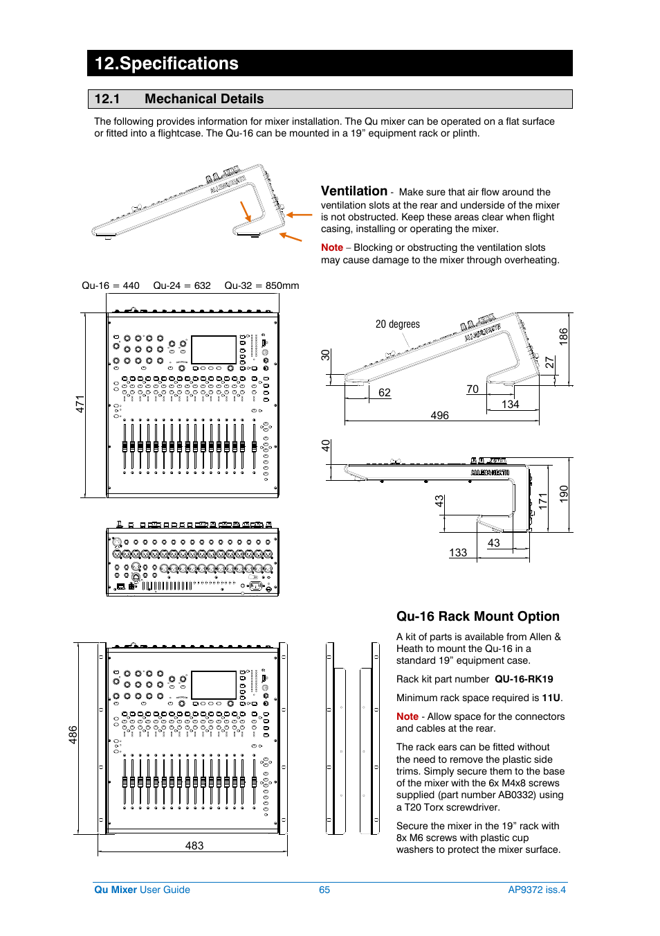 Mechanical details, Specifications, 1 mechanical details | Ventilation, Qu-16 rack mount option | Allen&Heath Qu-16 User Manual | Page 65 / 68