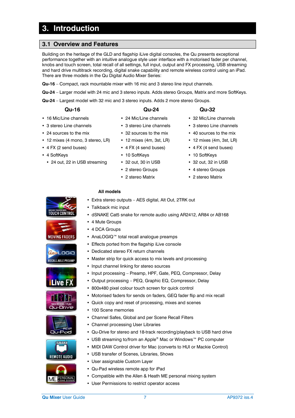 Introduction to qu, Introduction, 1 overview and features | Allen&Heath Qu-16 User Manual | Page 7 / 68