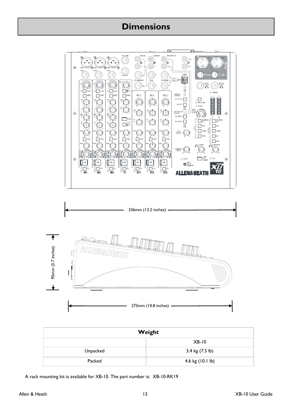 Dimensions, Weight, Allen & heath 13 xb-10 user guide | St1 st2 st3 | Allen&Heath XB-10 User Manual | Page 13 / 36