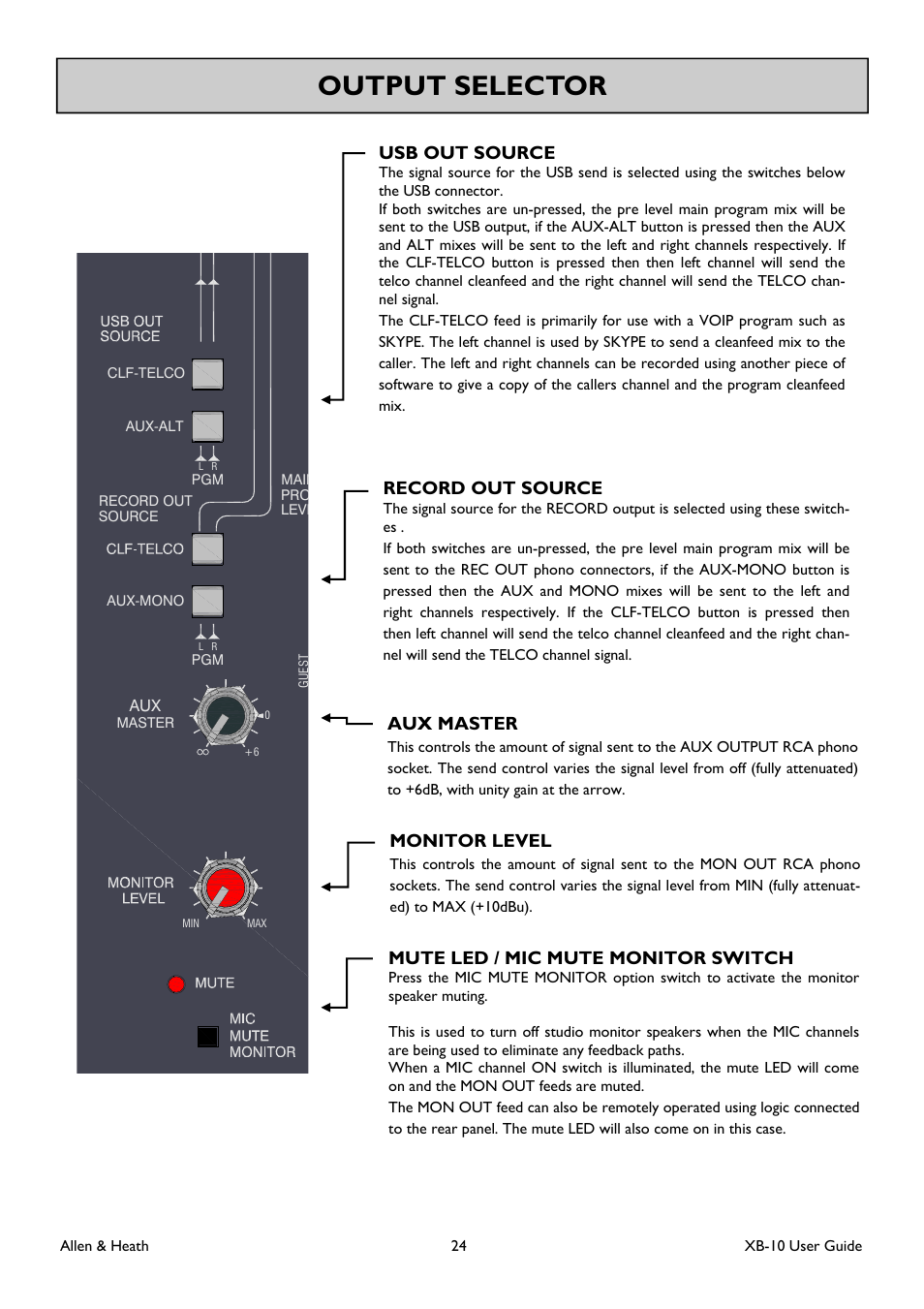 Output selector, Usb out source, Record out source | Aux master, Monitor level, Mute led / mic mute monitor switch | Allen&Heath XB-10 User Manual | Page 24 / 36