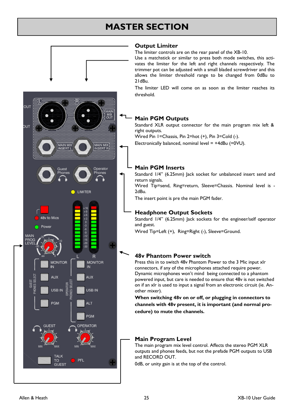 Main pgm outputs, Main pgm inserts, Output limiter | Headphone output sockets, 48v phantom power switch, Main program level, Allen & heath 25 xb-10 user guide | Allen&Heath XB-10 User Manual | Page 25 / 36