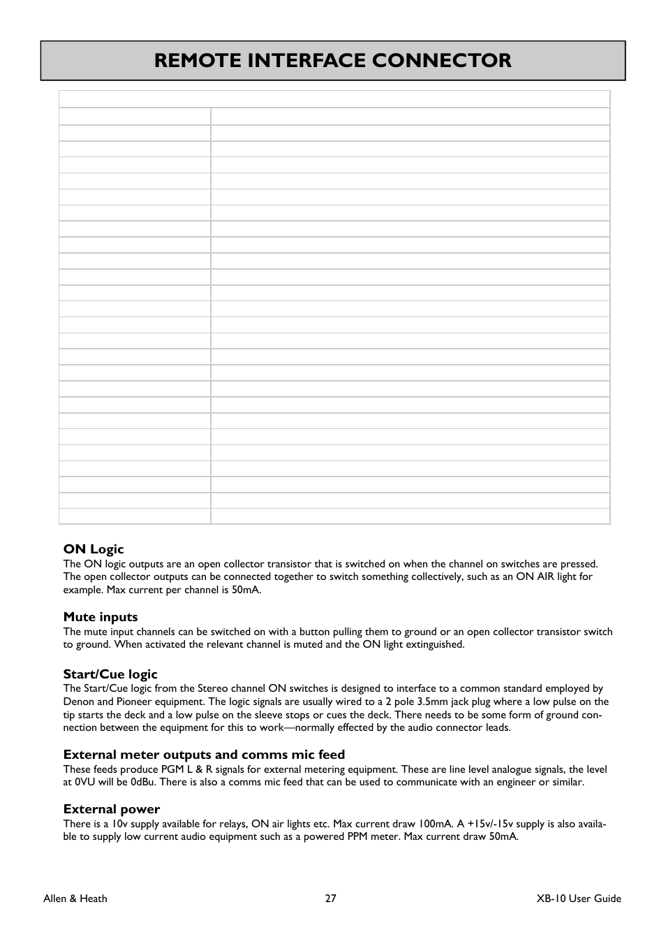 Remote interface connector, On logic, Mute inputs | Start/cue logic, External meter outputs and comms mic feed, External power, Allen & heath 27 xb-10 user guide | Allen&Heath XB-10 User Manual | Page 27 / 36