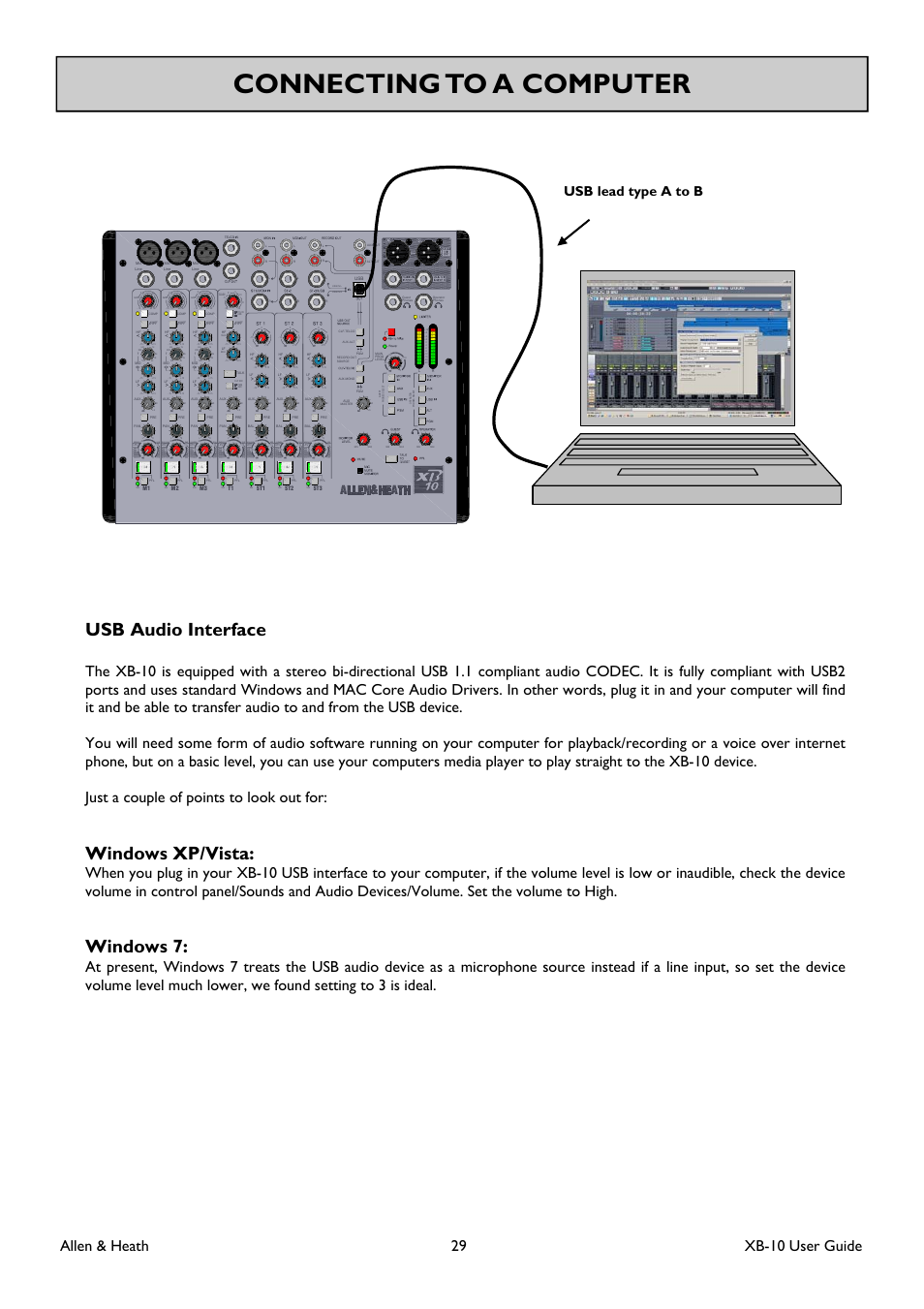 Connecting to a computer, Usb audio interface, Windows xp/vista | Windows 7, Allen & heath 29 xb-10 user guide, Usb lead type a to b | Allen&Heath XB-10 User Manual | Page 29 / 36